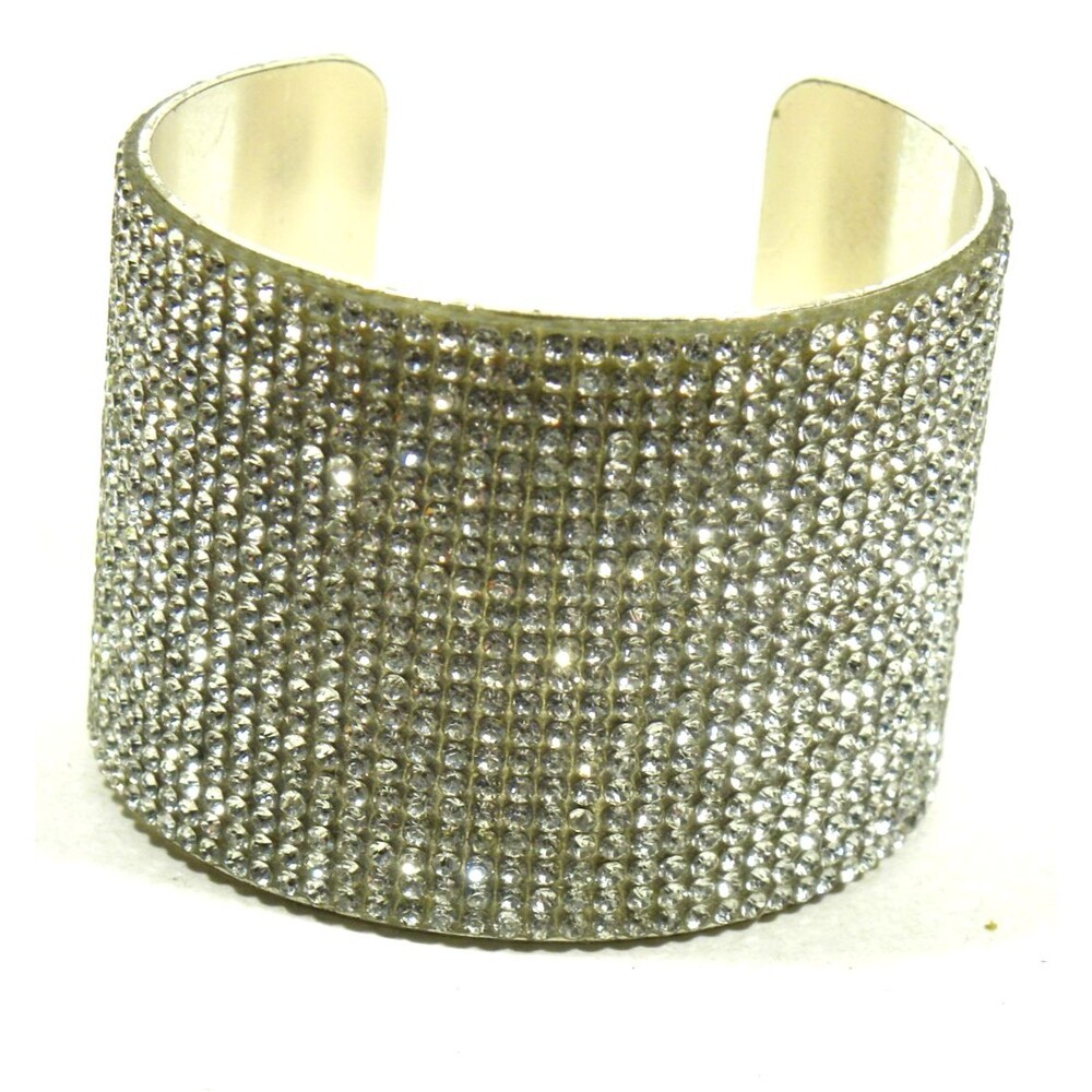 Chunky Rhinestone Bracelet  Silver Tone Cuff Wide Sparkly Bling
